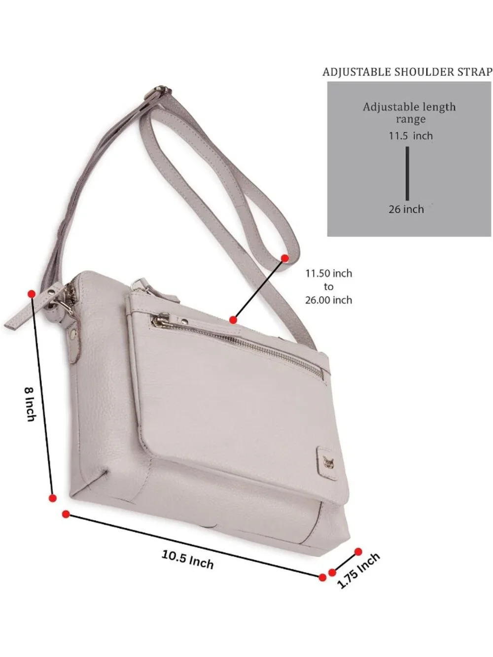 Women's Ice Grey Genuine Leather Sling Purse with Adjustable Strap Crossbody bag